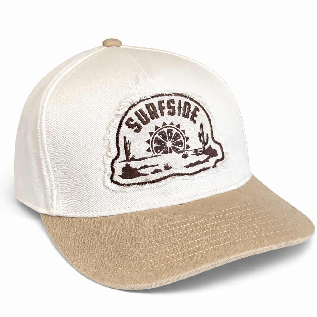 White and beige cap with 'Surfside' embroidered patch logo on a white background