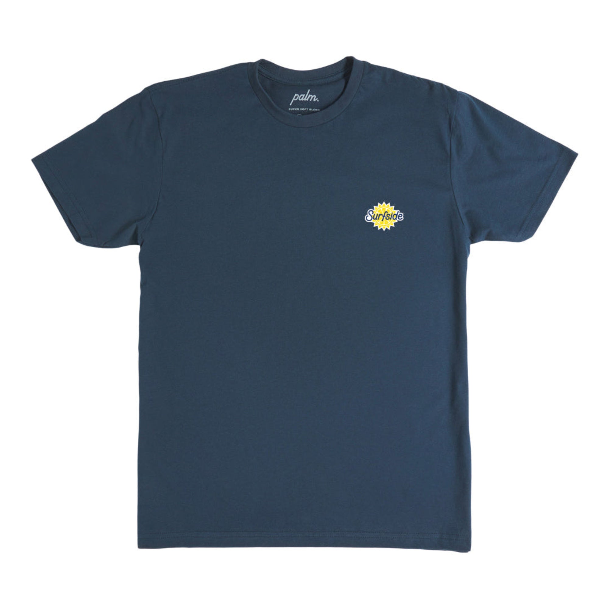 Navy blue t-shirt with a small Surfside logo on the chest on the left hand side against a white background