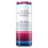 Back of the Surfside Raspberry Tea and Vodka can with a colorful stripped design. "Proudly Made by Stateside Vodka" logo near the top of the can laying on a white background
