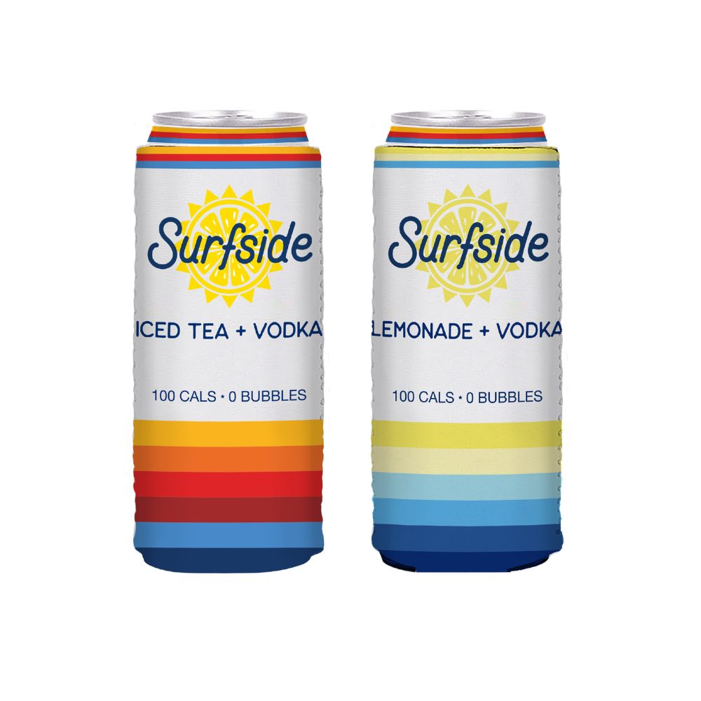 Two Surfside brand reversible can sleeved one labeled 'ICED TEA + VODKA' and the other 'LEMONADE + VODKA', each with a color stripe pattern and a sun logo.