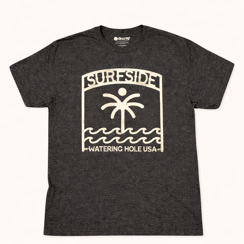 Grey t-shirt with 'Surfside Watering Hole USA' graphic on a white background