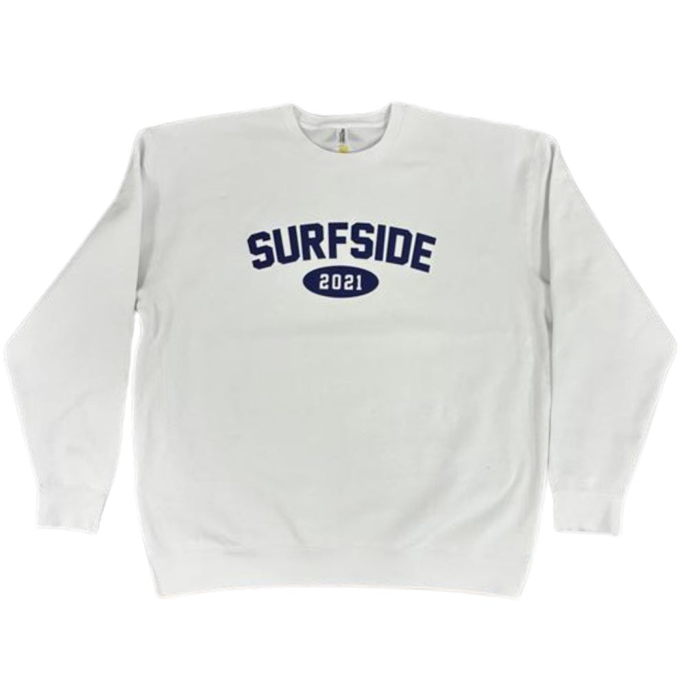 White sweatshirt with 'Surfside 2021' text on a white background