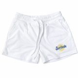 White sweat shorts with 'Surfside' logo on a white background