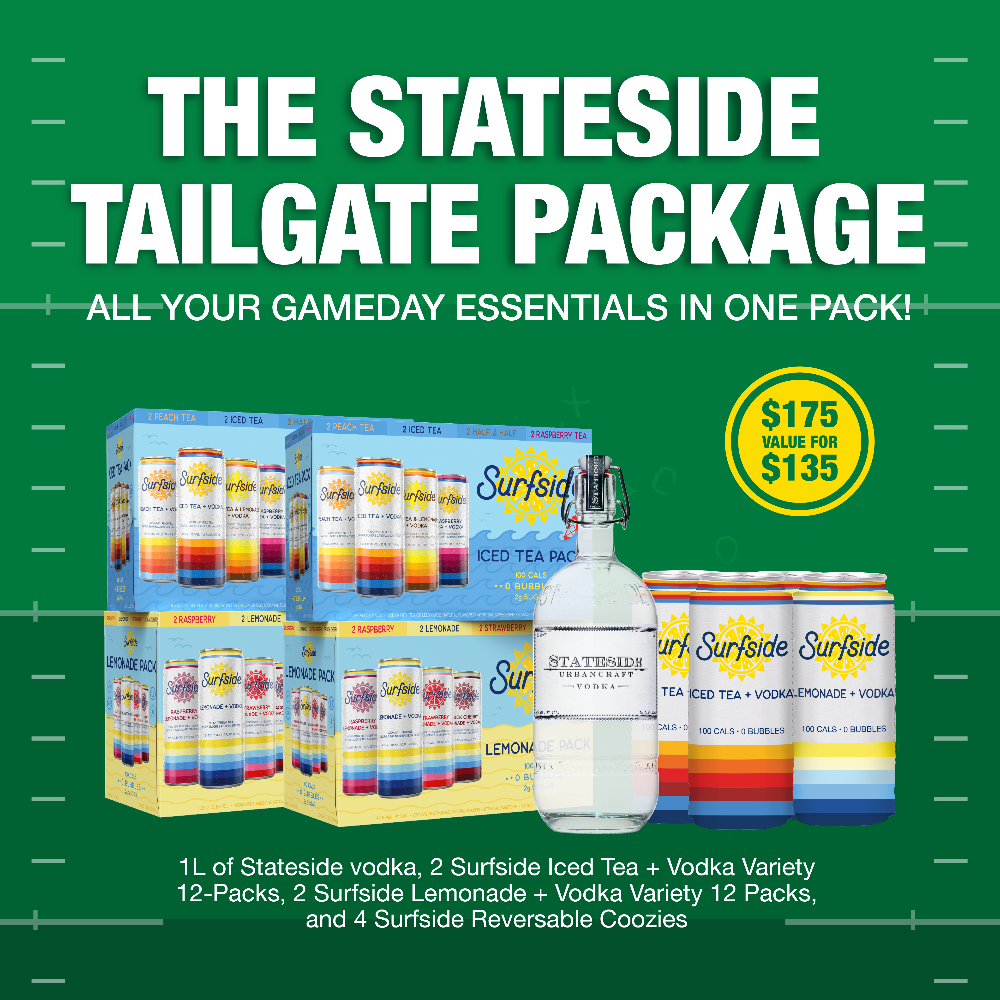 Advertisement for Stateside Tailgate Package with products and pricing on a green background.