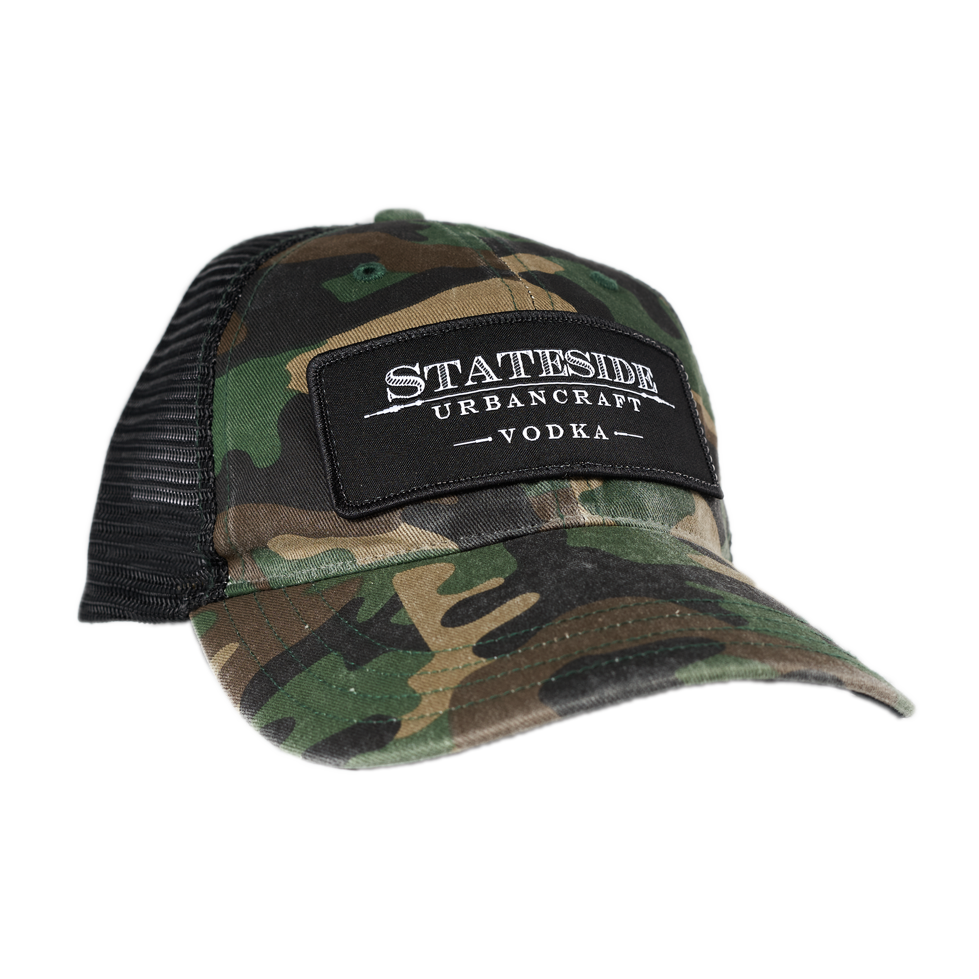 Stateside Vodka Camo Trucker Hat with Stateside Urban Craft Vodka black patch logo on the front
