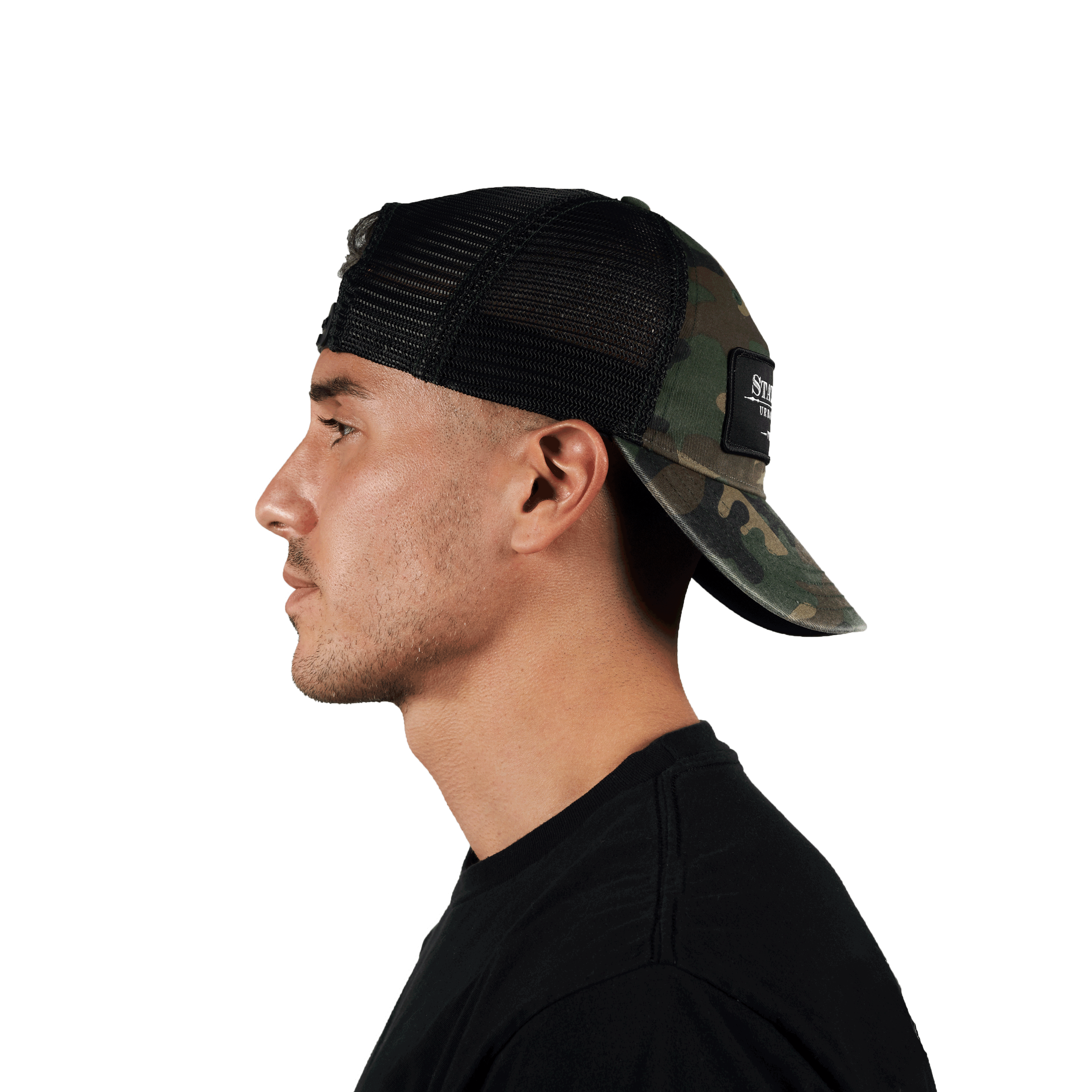Side profile of a person wearing the Stateside Vodka Camo Trucker Hat