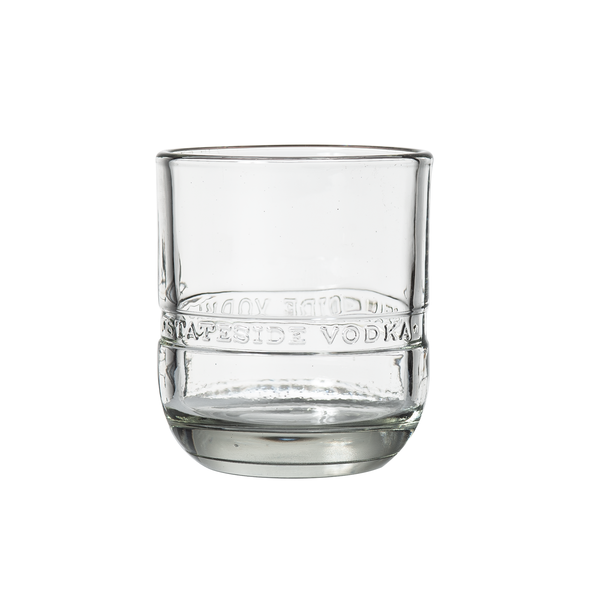 Stateside Vodka Rocks Glass with text around the glass