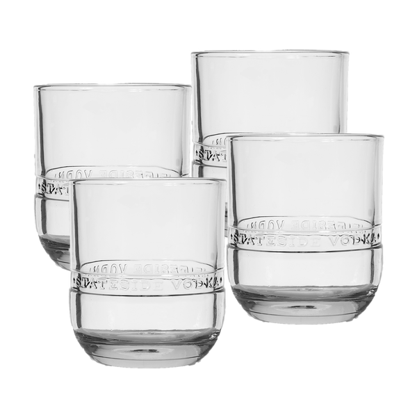 4 pack of Stateside Vodka Rocks glasses each glass has custom writing with "Stateside Vodka"