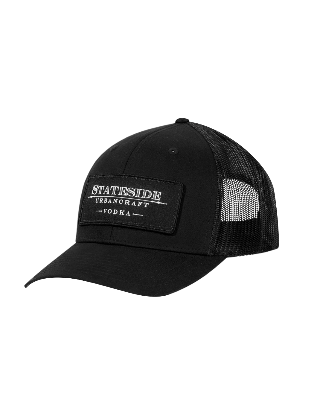 A black trucker hat with 'Stateside Urban Craft Vodka' embroidered on the front.